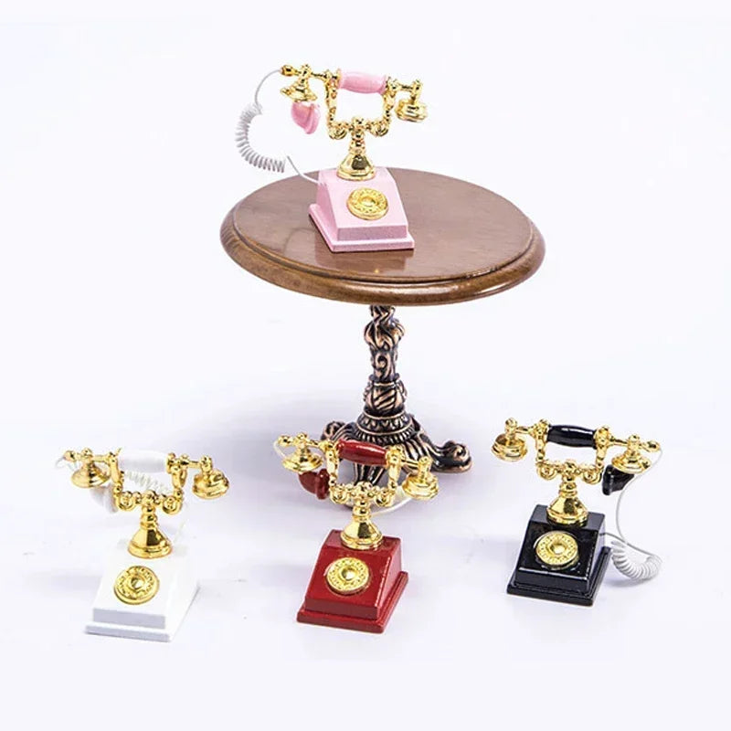 1:12 Home Decor Figurines Alloy Vintage Rotary Telephone Mini Retro Phone Model Miniature Phone Dollhouse Baby House Accessories