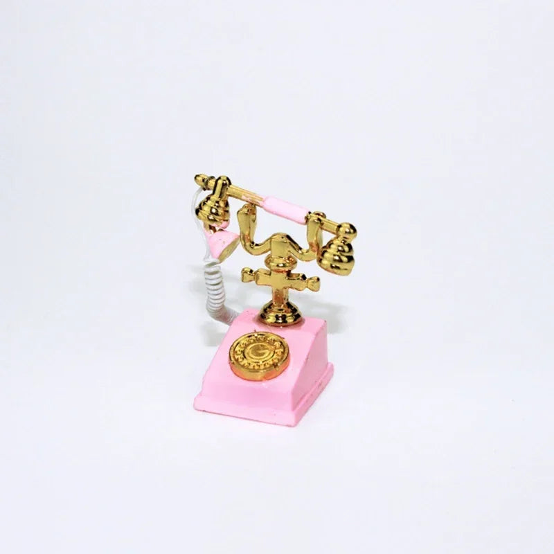 1:12 Home Decor Figurines Alloy Vintage Rotary Telephone Mini Retro Phone Model Miniature Phone Dollhouse Baby House Accessories