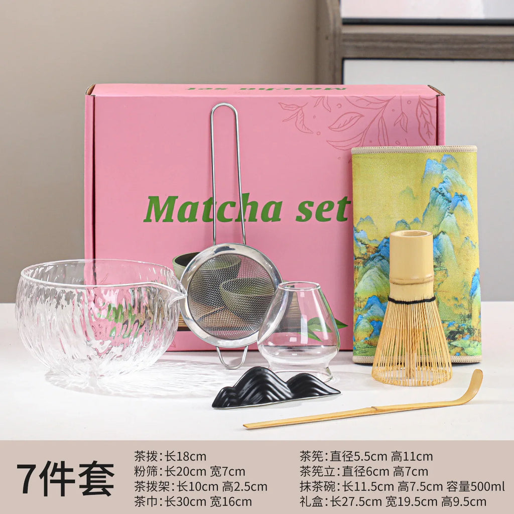 1/4/7Pcs glass Matcha Whisk Set for Beginners Elegant Bamboo Wood Japanese Matcha Tea Making Kit with Whisk Holder Scoop Sifter