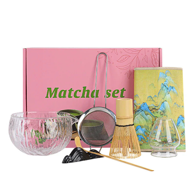 1/4/7Pcs glass Matcha Whisk Set for Beginners Elegant Bamboo Wood Japanese Matcha Tea Making Kit with Whisk Holder Scoop Sifter